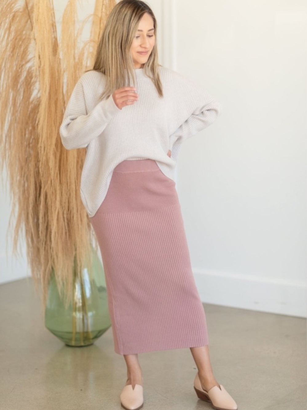 Tea N Rose Ribbed Midi Sweater Skirt Rose Pink L